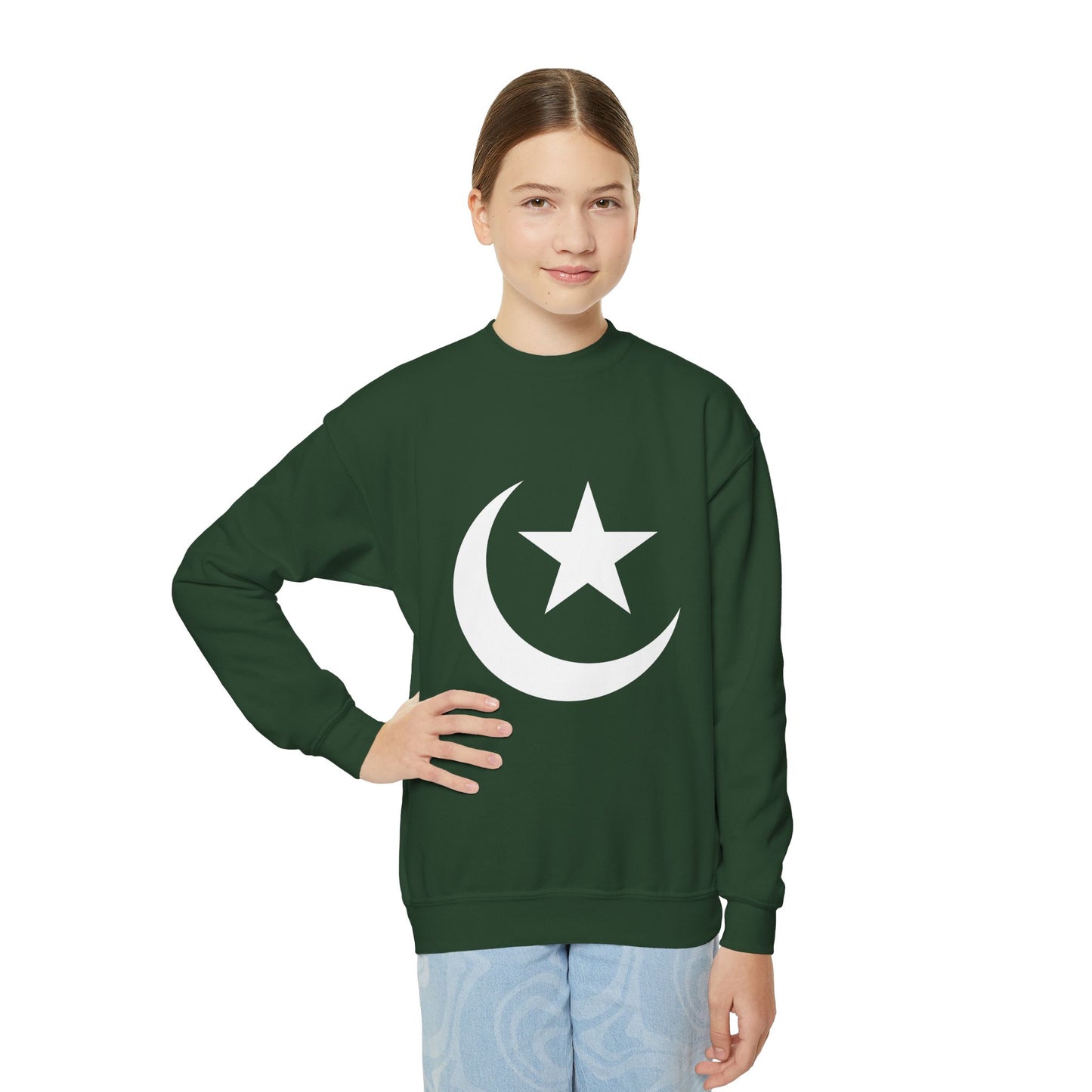 Kids Crescent & Star Crewneck Sweatshirt – Green Pakistan Flag Inspired Pullover